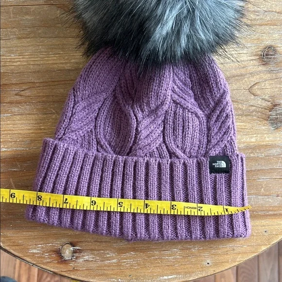 The North Face Youth Purple Knit Beanie with Fluffy Gray Pom-Pom - Picture 13 of 15